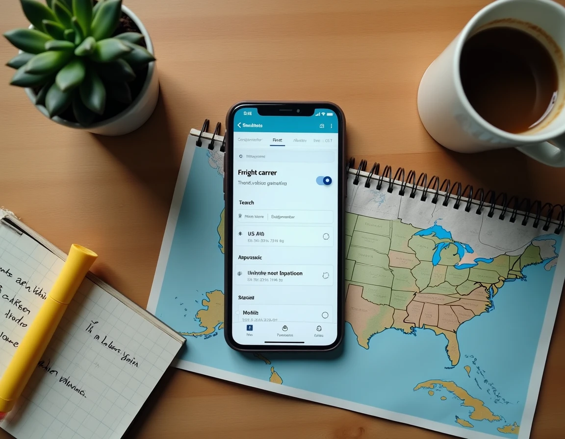 Vue aérienne d'un bureau avec smartphone affichant une recherche de transporteur américain, carte logistique et notes manuscrites