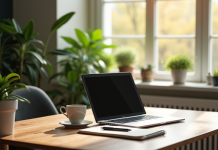 Espace de travail moderne avec ordinateur et plantes pour télétravail
