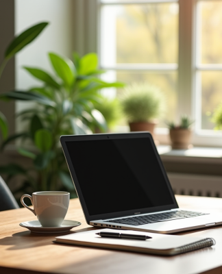 Espace de travail moderne avec ordinateur et plantes pour télétravail