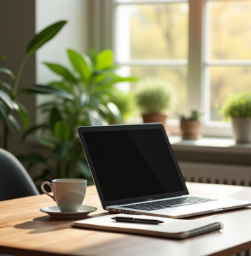 Espace de travail moderne avec ordinateur et plantes pour télétravail