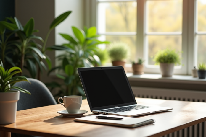 Espace de travail moderne avec ordinateur et plantes pour télétravail