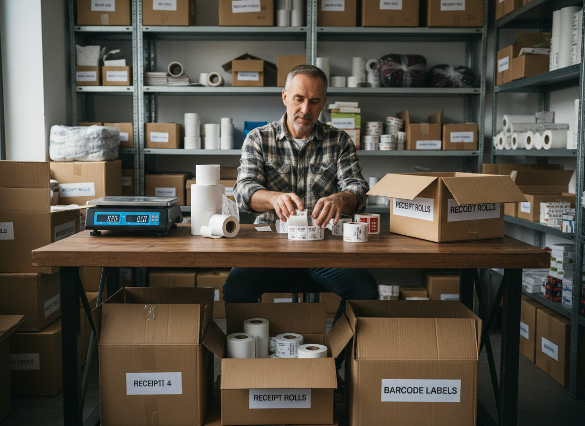Homme magasinier triant des rouleaux de papier et etiquettes