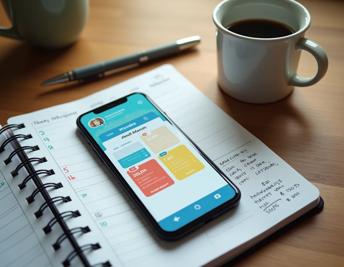Vue en plongée d'un smartphone affichant un calendrier de gestion locative avec des promotions et un agenda papier annoté sur un bureau en bois