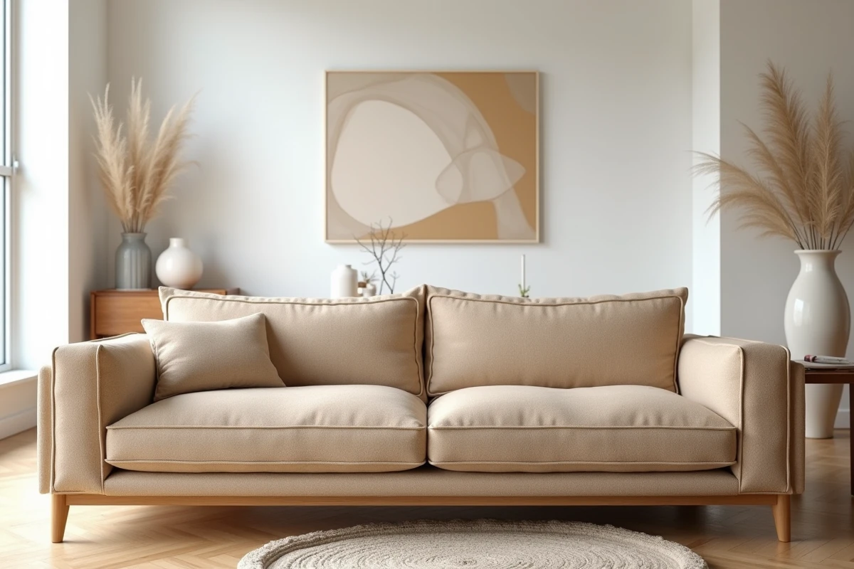 Canapé contemporain en bouclé beige dans un salon design épuré aux tons neutres et au parquet en chêne