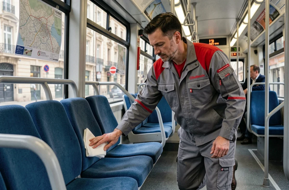 Agent Challancin Propreté nettoyant l'intérieur d'un tramway à Bordeaux