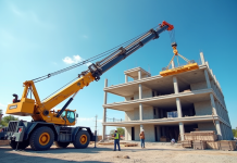 Chantier moderne avec grue en journée et ouvriers en casque