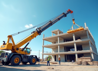 Optimiser l’efficacité de votre chantier avec un camion à bras de grue Chantier moderne avec grue en journée et ouvriers en casque