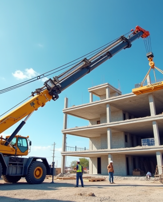 Chantier moderne avec grue en journée et ouvriers en casque