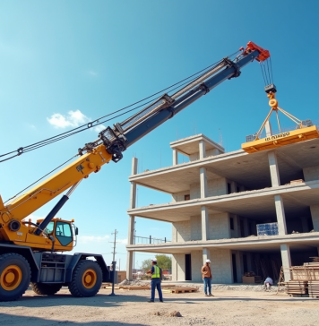 Chantier moderne avec grue en journée et ouvriers en casque