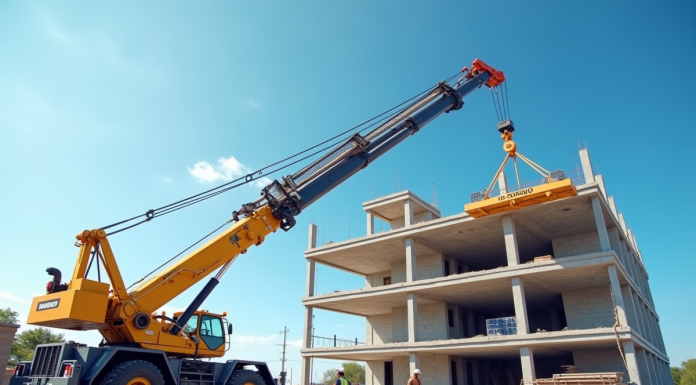 Chantier moderne avec grue en journée et ouvriers en casque