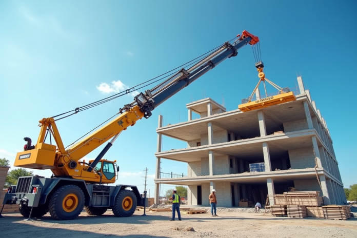 Chantier moderne avec grue en journée et ouvriers en casque
