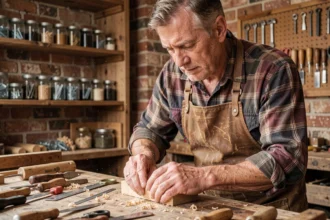 Charpentier concentré travaillant le bois dans un atelier artisanal traditionnel, illustrant un proverbe sur le travail manuel et le savoir-faire