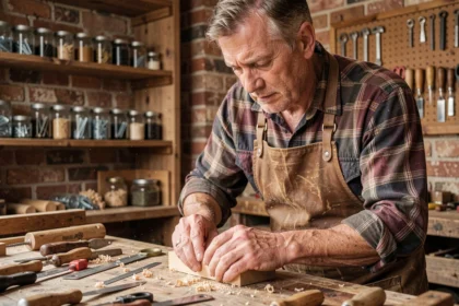 Charpentier concentré travaillant le bois dans un atelier artisanal traditionnel, illustrant un proverbe sur le travail manuel et le savoir-faire
