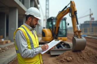 Chef de chantier en gilet de sécurité consultant un contrat de location d'engin Loxam sur un chantier de construction urbain