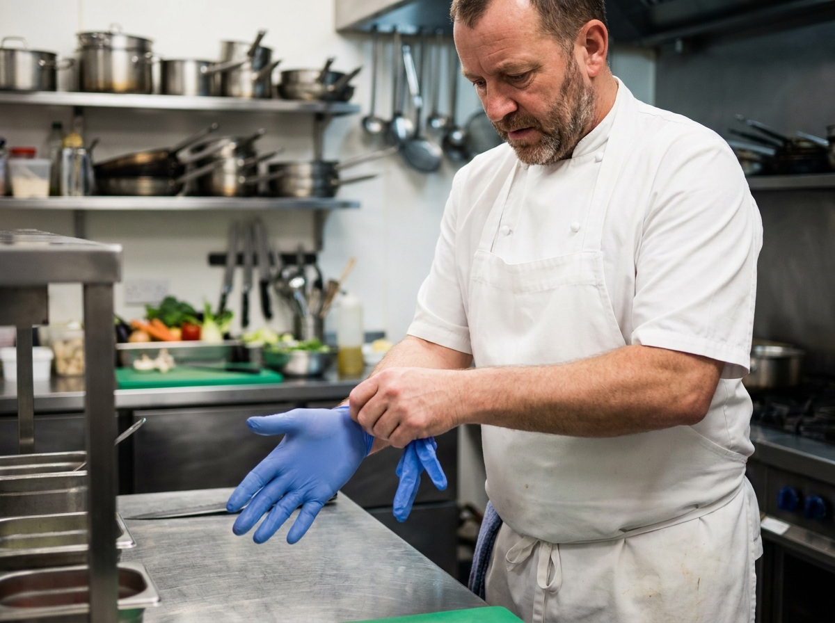 Chef professionnel en train de mettre des gants bleus dans une cuisine