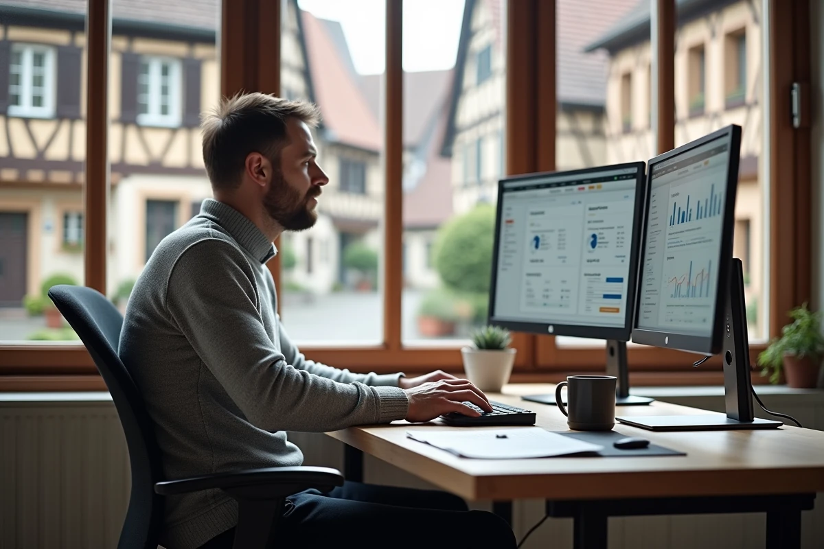 Chef de projet SEO travaillant sur l'optimisation de référencement B2B depuis un bureau en Alsace avec vue sur village alsacien