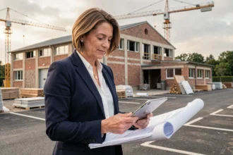 Cheffe d'entreprise examinant des plans d'implantation devant un bâtiment industriel en rénovation dans un territoire français