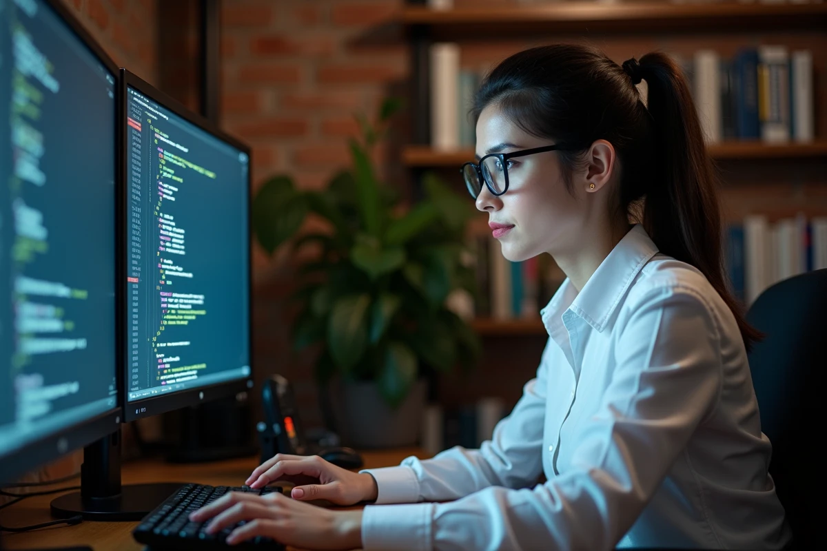 Chercheuse en cybersécurité analysant des données sur deux écrans pour identifier un possible nom de code fictif d'une grande entreprise technologique