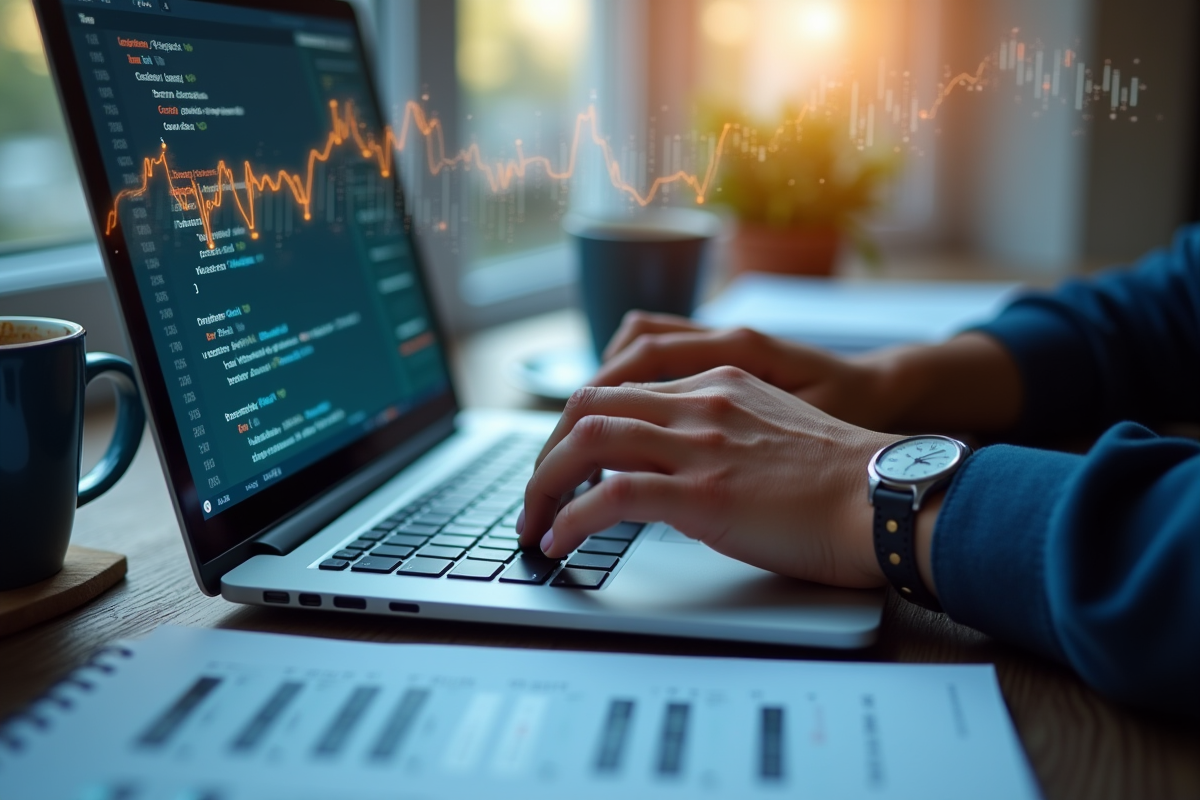 Mains tapant du code avec graphiques et notes sur le bureau