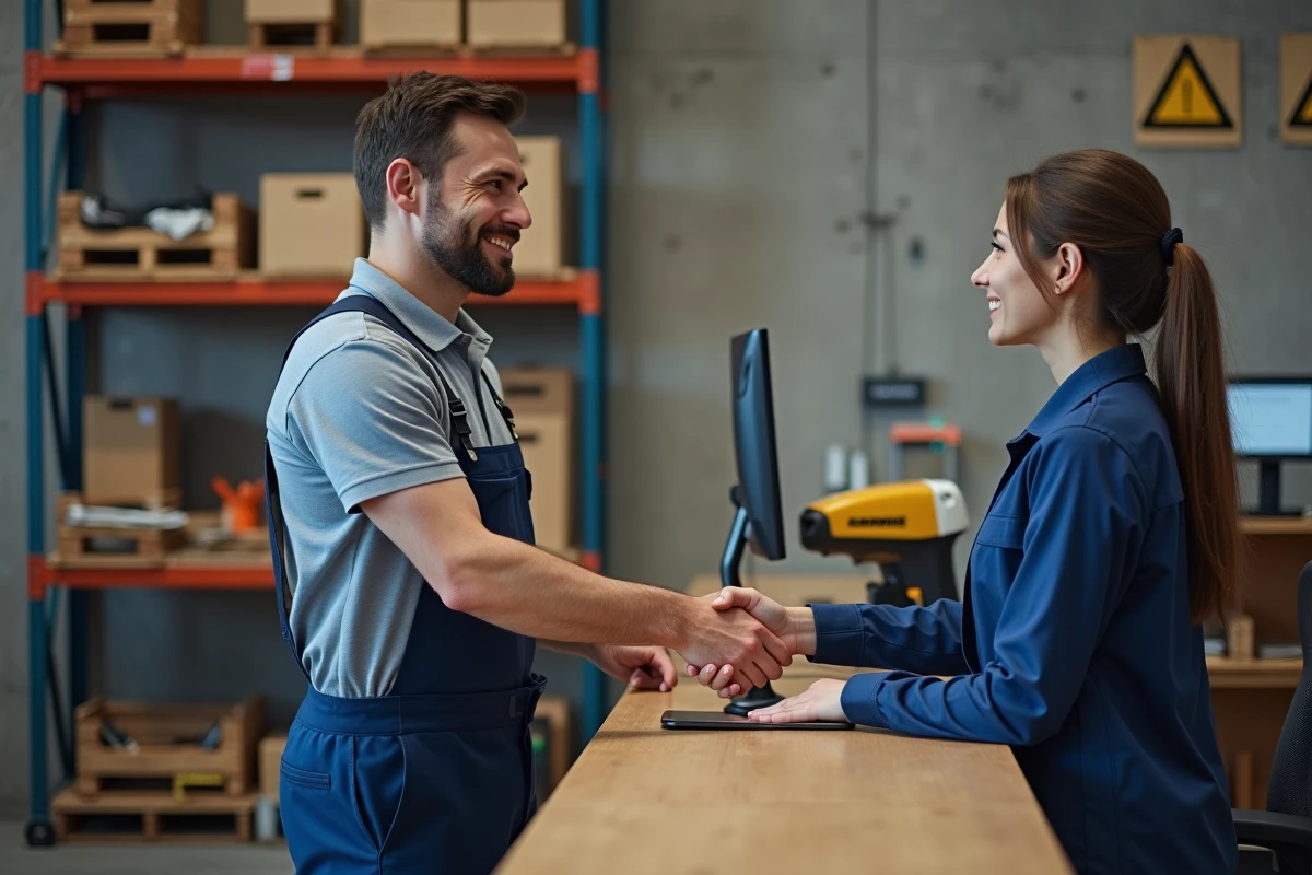 Client et conseillère en agence de location Loxam finalisant un contrat avec cumul de points de fidélité au comptoir