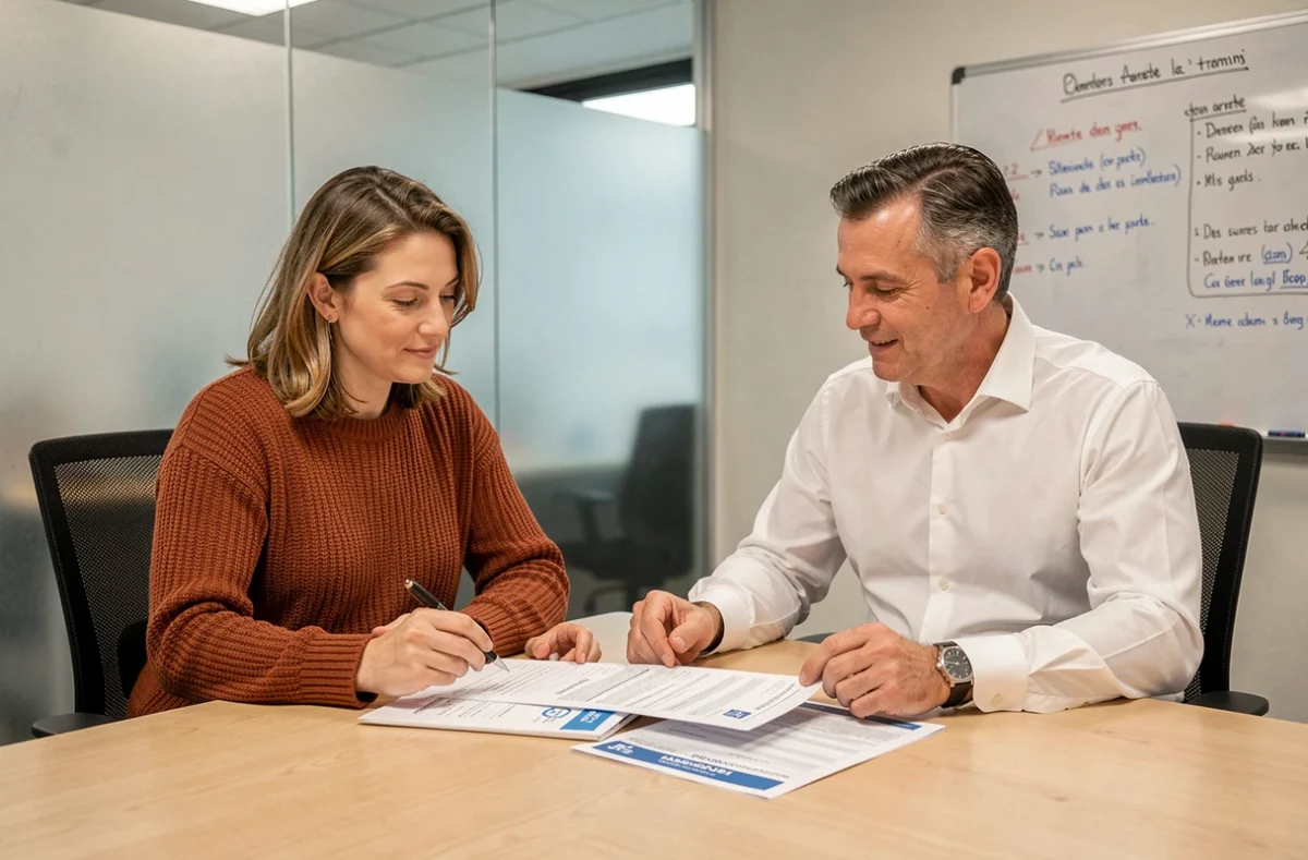 Deux collègues comparant des formulaires administratifs URSSAF et numéro de compte cotisant dans une salle de réunion
