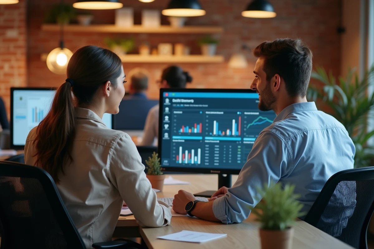 Deux collègues discutant des différences entre programmes d'affiliation sur un écran de tableau de bord