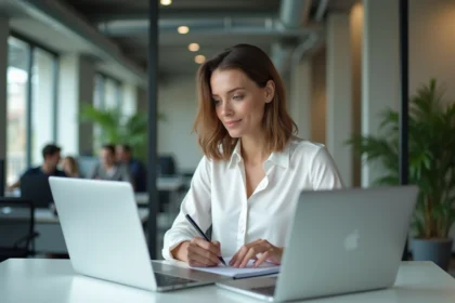 Femme professionnelle comparant deux plateformes d'affiliation sur des ordinateurs portables dans un bureau moderne