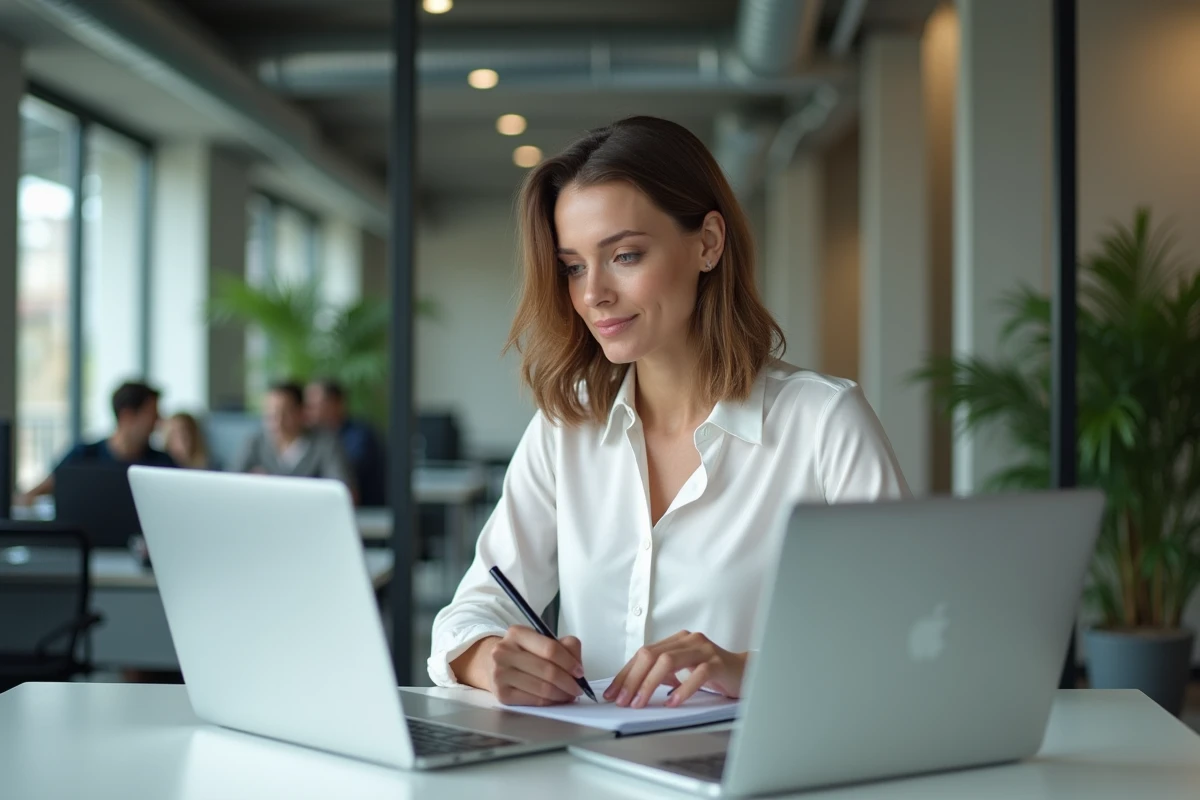 Femme professionnelle comparant deux plateformes d'affiliation sur des ordinateurs portables dans un bureau moderne