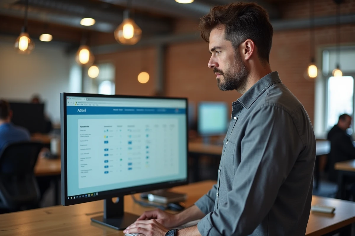 Homme d'affaires consultant un comparatif de tarifs d'outils intelligence artificielle dans un espace de coworking professionnel