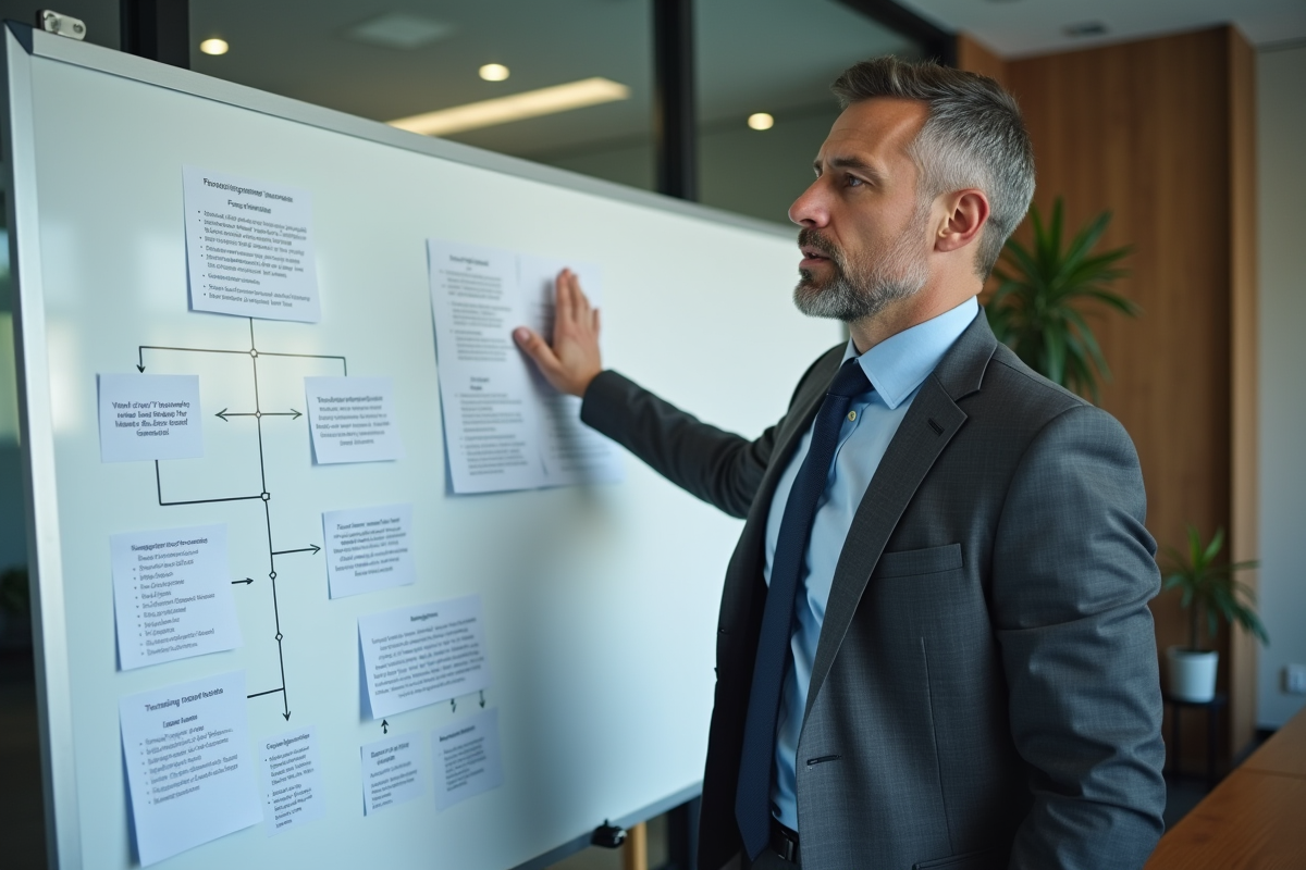 Conseiller en assurance expliquant avec tableau blanc en arrière-plan