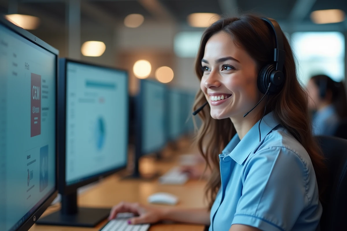 Conseillère clientèle avec casque téléphonique dans un centre d'appels représentant le secteur des services tertiaires