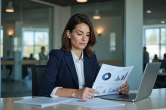 Conseillère financière analysant des documents de transfert d'argent international dans un bureau de services de remise de fonds