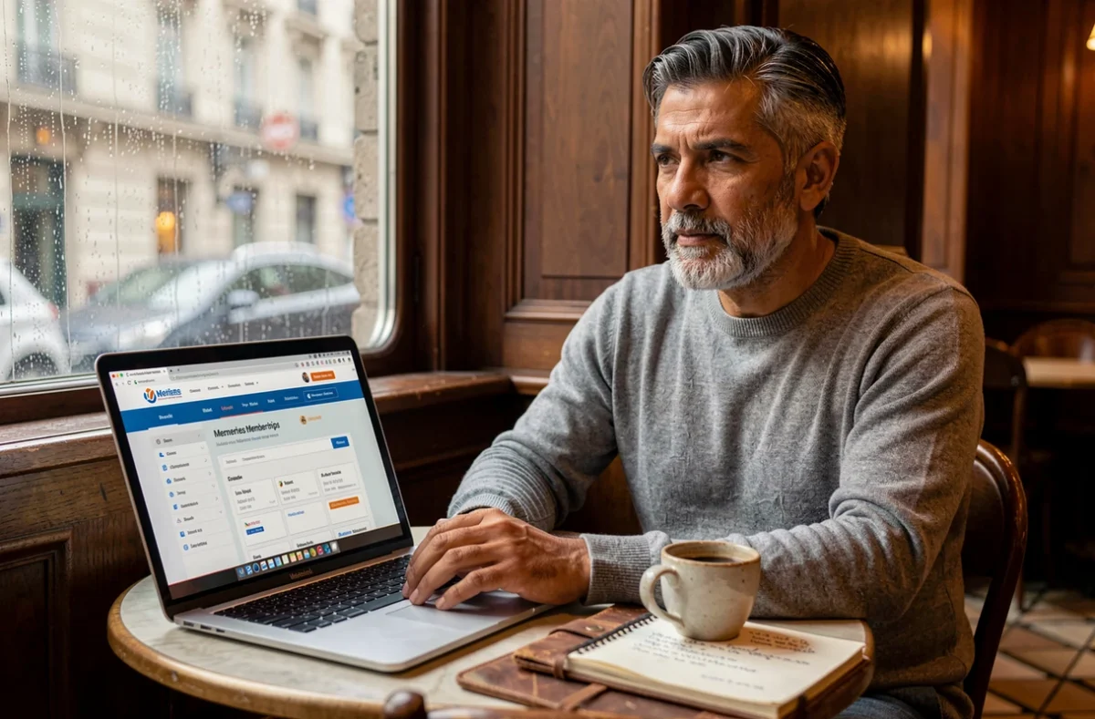 Consultant indépendant évaluant les protections offertes par un syndicat de portage salarial depuis un café