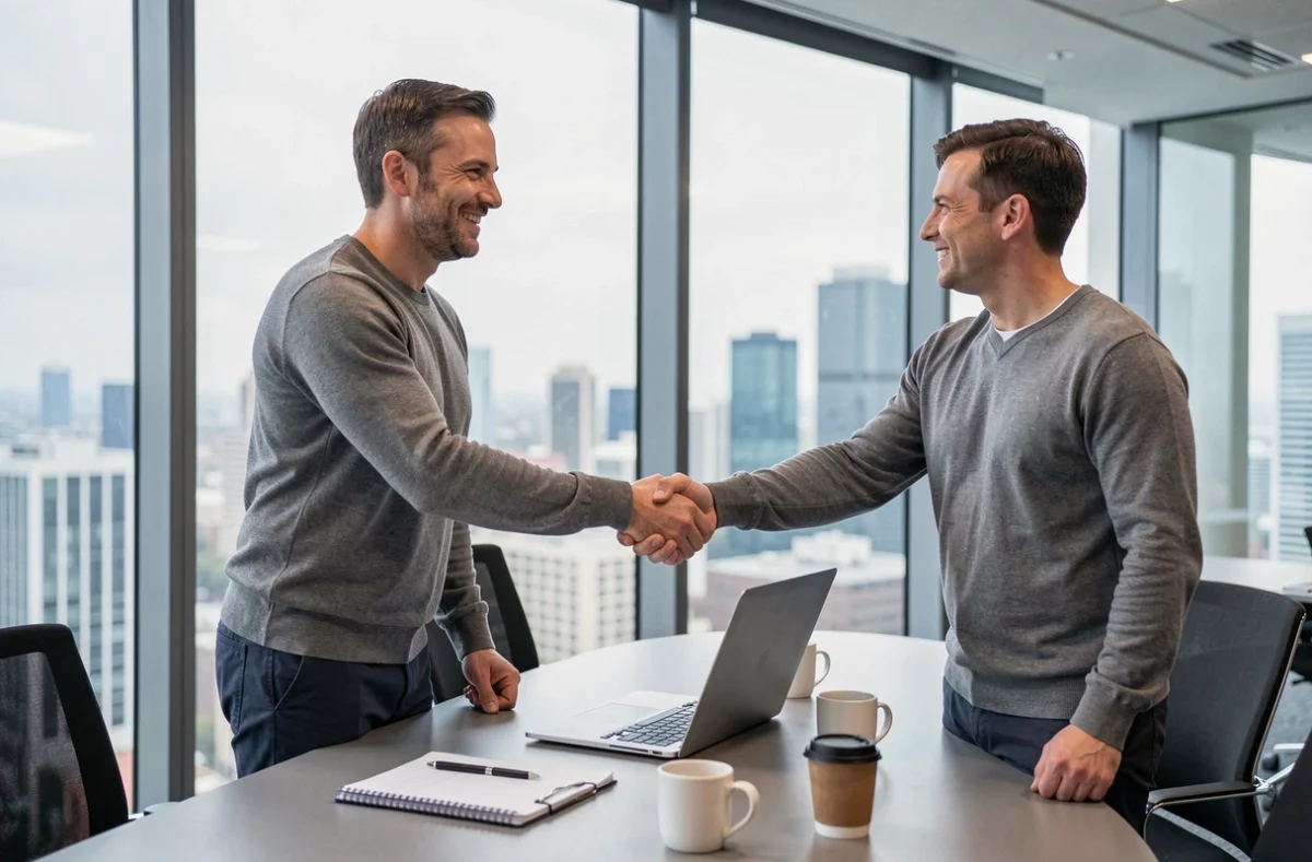 Consultant en portage salarial concluant un accord commercial avec un client en salle de réunion