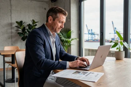 Consultant en portage salarial travaillant dans un espace de coworking à Saint-Nazaire avec vue sur le port