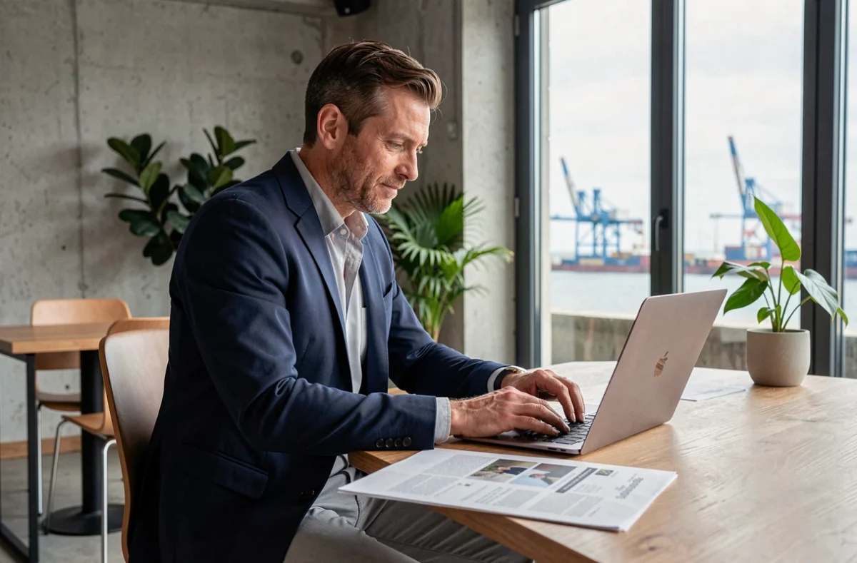 Consultant en portage salarial travaillant dans un espace de coworking à Saint-Nazaire avec vue sur le port