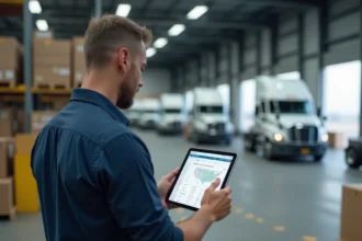 Coordinateur logistique dans un terminal de fret américain consultant une interface de recherche de transporteur sur tablette numérique