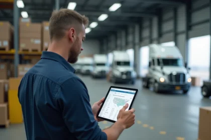 Coordinateur logistique dans un terminal de fret américain consultant une interface de recherche de transporteur sur tablette numérique