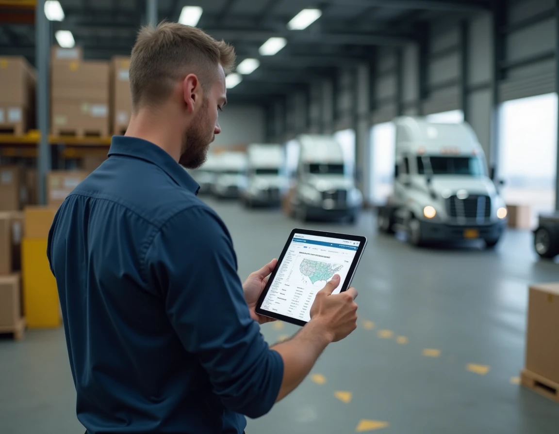Coordinateur logistique dans un terminal de fret américain consultant une interface de recherche de transporteur sur tablette numérique