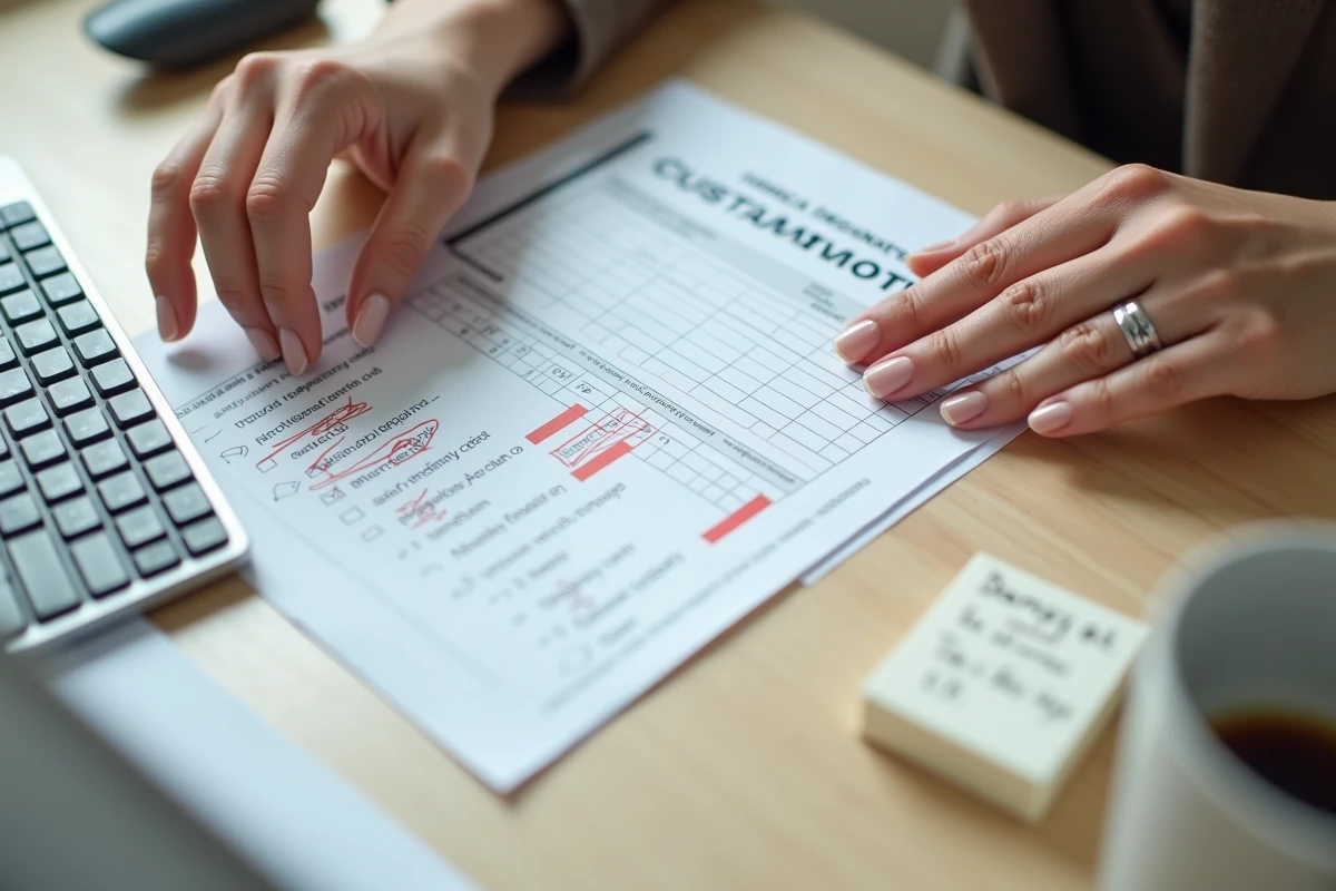 Gros plan de mains corrigeant des erreurs sur un formulaire de déclaration douanière Prodouane avec stylo et checklist