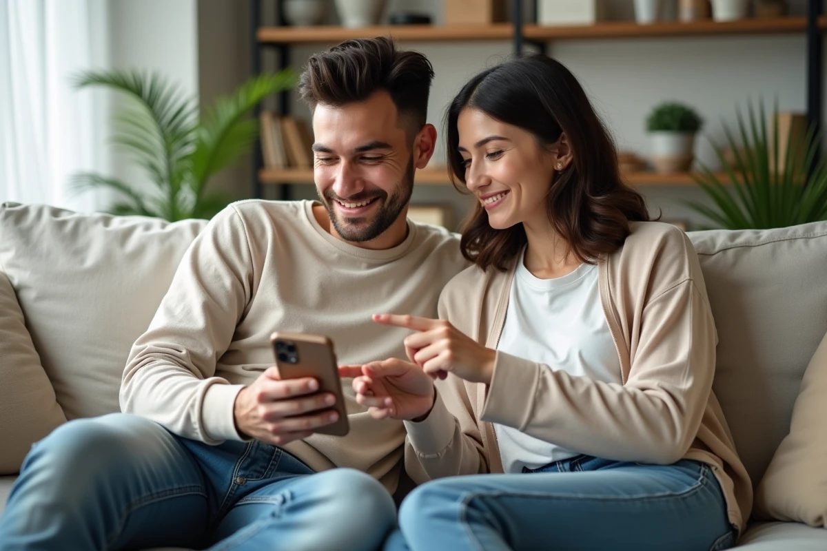Couple consultant une application de gestion d'énergie sur smartphone, comparant les garanties et avis clients d'un fournisseur d'énergie
