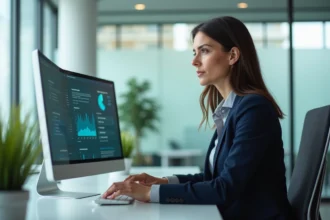 Courtier en assurance utilisant un extranet AXA sur ordinateur dans un bureau professionnel moderne