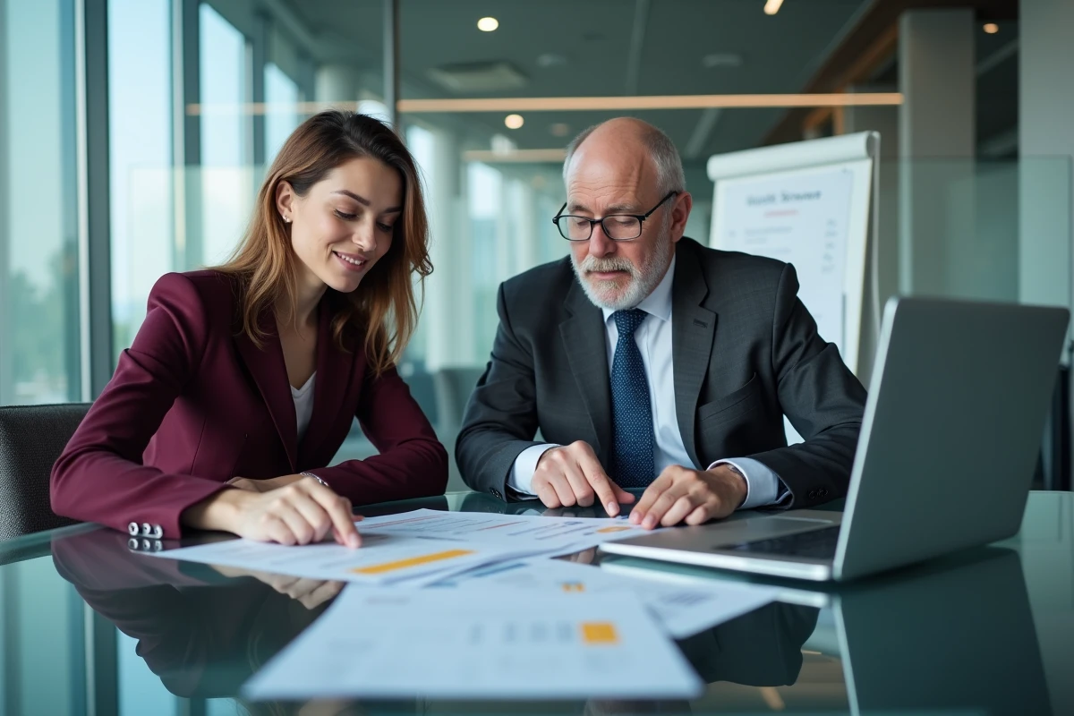 Deux courtiers AXA en réunion analysant un guide extranet de gestion client en salle de conférence