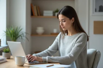 Jeune femme apprenant à utiliser une plateforme en ligne sur un ordinateur portable dans un bureau à domicile
