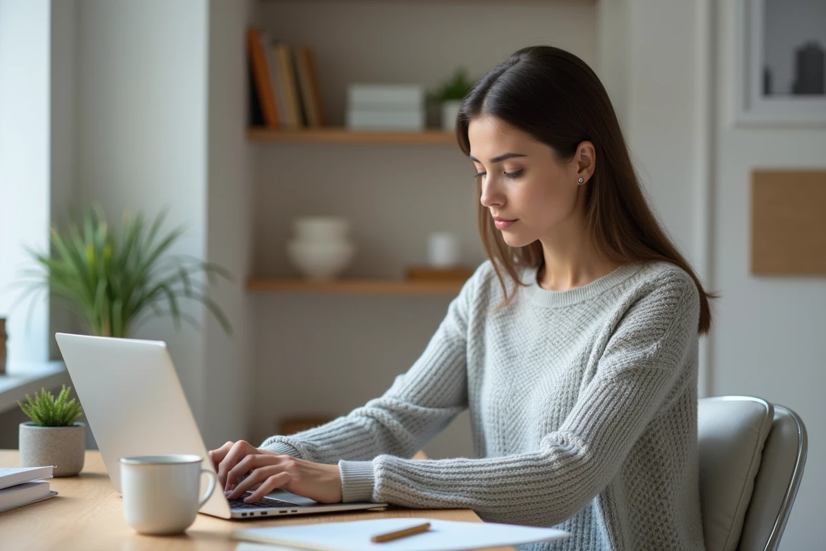Jeune femme apprenant à utiliser une plateforme en ligne sur un ordinateur portable dans un bureau à domicile