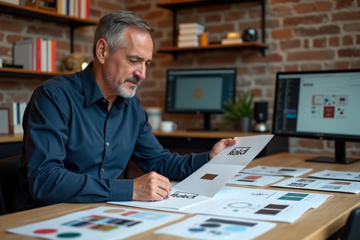 Designer analysant les études de logo Lidl imprimées sur papier dans un studio de design graphique