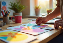 Mains d'un créatif organisant des flyers colorés sur un bureau lumineux