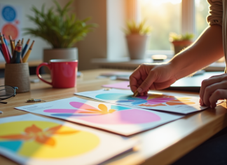 Mains d'un créatif organisant des flyers colorés sur un bureau lumineux