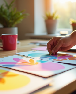 Mains d'un créatif organisant des flyers colorés sur un bureau lumineux