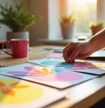 Mains d'un créatif organisant des flyers colorés sur un bureau lumineux